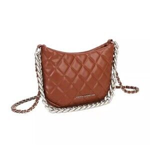New FRENCH CONNECTION "Eliza" Brown Diamond Quilted With Dual Chain Handles $98